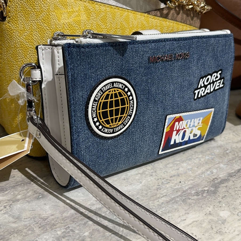 Michael Kors Jet Set Travel Large Embellished Denim Wristlet Wallet Phone Holder